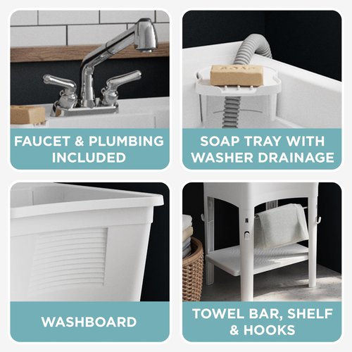 Zenna Home Utility Sink for Laundry Room and Garage, Freestanding Laundry Sink for Garage or Kitchen, Indoor & Outdoor Utility Tub with Pull-Out Faucet, Towel Bar, 24" W x 24" D x 36.75" H, White