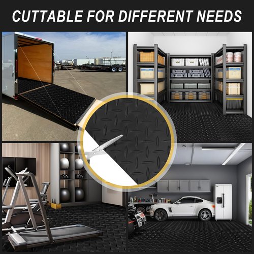 Grandroad auto 8x20 FT Garage Floor Mat, 2.8mm Thickened Flooring Roll Diamond Plate PVC Rubber Trailer Mat with 20 Pcs Tapes, Non-Slip Floor Protector Mat for Garage, Warehouse, Gyms, Trailer, Black