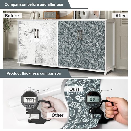 Fititem Peel and Stick Wallpaper Modern Boho Contact Paper Cabinet Dark Gray-Blue White Removable Self Adhesive Contact Paper Floral Tropical Leaf Waterproof Wallpaper Bathroom Bedroom 17.3inW 197inL