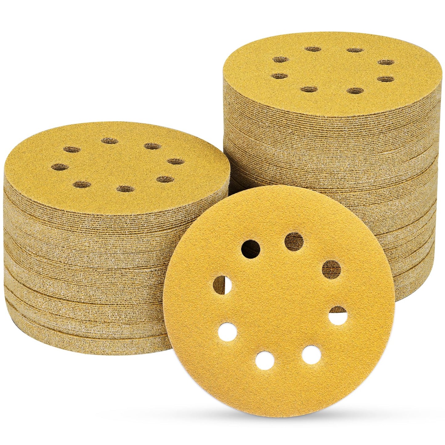 POTUINOM 100PCS 5 Inch 8 Hole Sanding Discs 120 Grit,Gold Round Hook and Loop Sandpaper for Random Orbital Sander