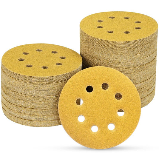 POTUINOM 100PCS 5 Inch 8 Hole Sanding Discs 120 Grit,Gold Round Hook and Loop Sandpaper for Random Orbital Sander