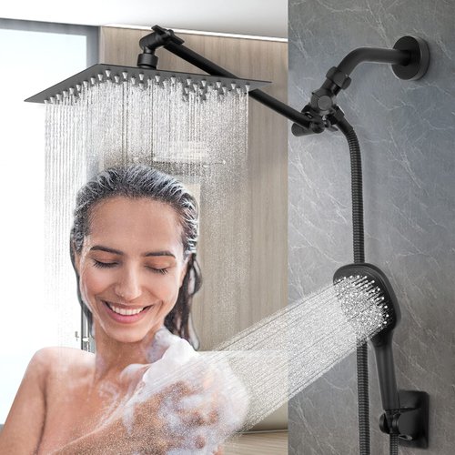 NearMoon Solid Brass G1/2" Shower Arm, 3-Way Diverter Valve for Handheld and Fixed Spray Head, Bathroom Component for Showerhead Combo T-Adapter (Movable Nut, Matte Black)
