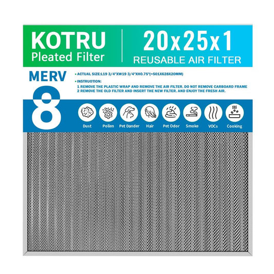 20x25x1 Air Filter, Reusable Air Filter - MERV 8, Washable Aluminum Permanent Electrostatic Filter - Long Service Life - For - Home and Office HVAC, Fireplace Systems (20x25x1)