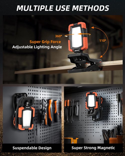 Anylight LED Rechargeable Work Light with Clamp,1600LM Magnetic Clip Work Lights with 3 Light Modes, 360° ＆ 115° Rotate Portable Clamp Work Light, IP65 Waterproof for Car Repairing, Job Site, Workshop