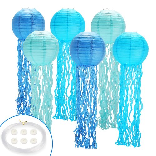 Jellyfish Paper Lanterns,Under The Sea Party Decorations 6Pack with String and Hooks,Hanging Jelly Fish for Mermaid,Ocean Themed,Birthday,Party(Blue 8Inch)