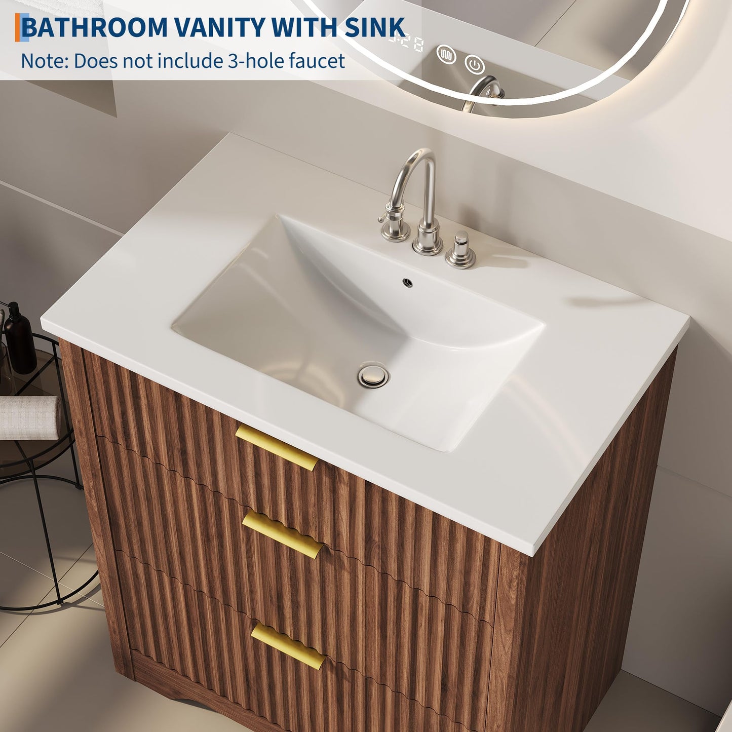 IDEALHOUSE 30" Walnut Fluted Bathroom Vanity with Sink, Farmhouse Freestanding Bathroom Sink Cabinet with 2 Drawers & 1 Flip-Down Drawer, Easy Assembly & Cleaning