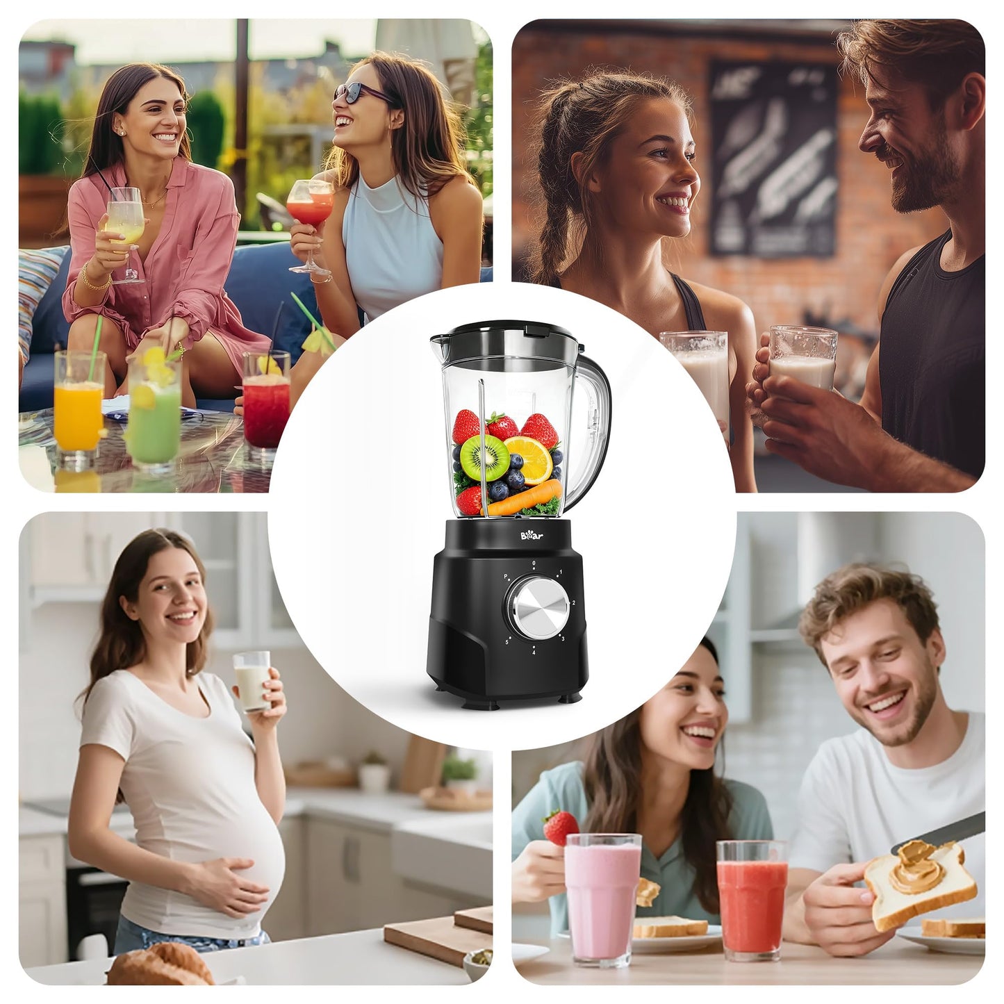 Bear 800W 6-Speed Blender, Smoothie Blender for Kitchen with 50oz(1.5L) BPA-Free Cup/Suction Feet/Feeding Hole/10 blades, Countertop Blender for Smoothies, Crush Ice, Frozen Fruit, Juice and Puree