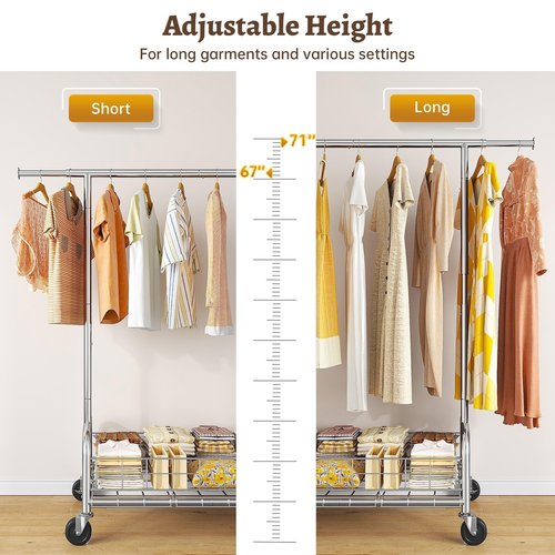 Raybee Clothes Rack with Storage Basket for Hanging 200+ Clothes, Rolling Heavy Duty Clothing Rack with Sturdy Wheels, Portable & Adjustable & Commercial Garment Racks, Chrome