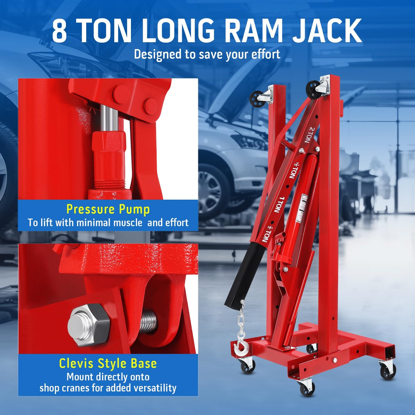 H-YEEU Hydraulic Engine Crane Hoist, 2 Ton Folding Motor Hoist Cherry Picker Heavy Duty Steel 4400lbs Lifting with 6 Casters for Garage Workshop(Red)