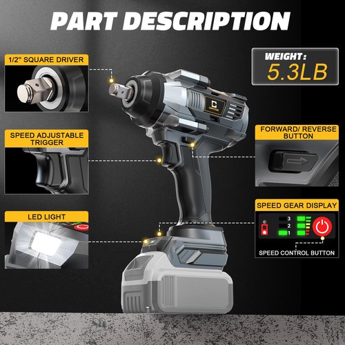 Cordless Impact Wrench 1/2 inch for Dewalt Battery, 1000FT-LBS (1360N.m) Brushless Electric Impact Gun Includes LED Work Light, 2100RPM High Torque Impact Driver, Bare Tool Only
