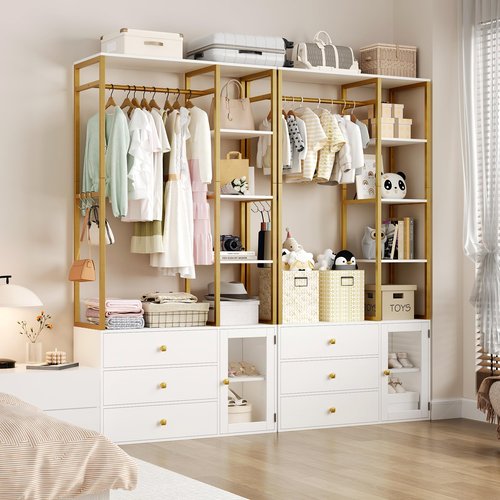 BOTLOG Closet System Organizer, 81.3” H Wardrobe Closet with 3 Wooden Drawers, Clothes Rack with Hanging Rods, 4 Tiers Shelves, Metal Frame, White and Gold