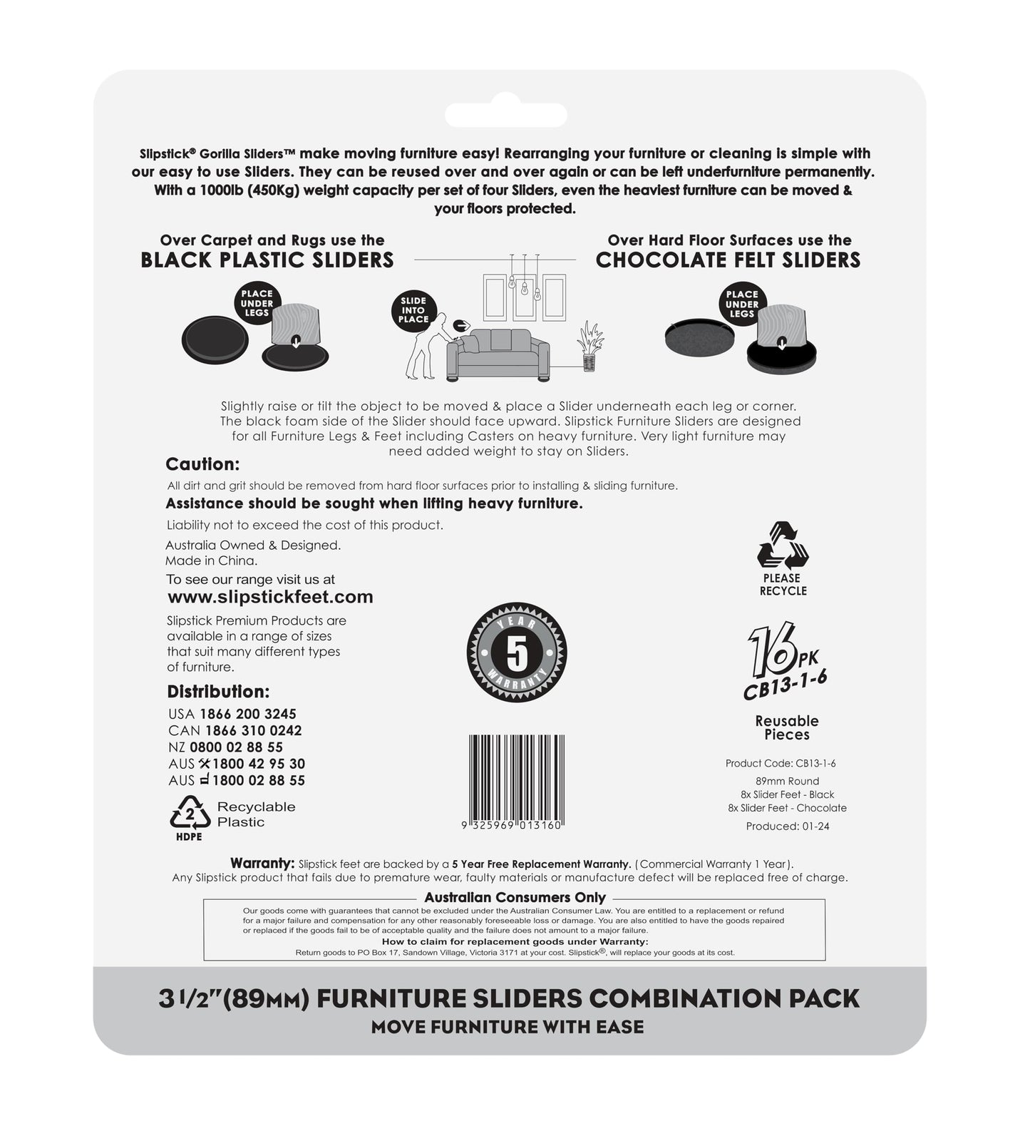 Slipstick GorillaSliders Premium Furniture Sliders for All Floor Surfaces (16 Piece Moving Kit) Reusable 3.5” Round Furniture Movers for Sliding Furniture on Hardwood & Carpet, Black, CB13-1-16