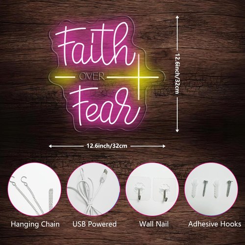 Faith Over Fear Neon Sign for Wall Decor Jesus Neon Light Christian LED Signs Dimmable Letters Neon Lights Signs for Bedroom Living Room Wedding Church Decor Neon Light for Christian Religious.