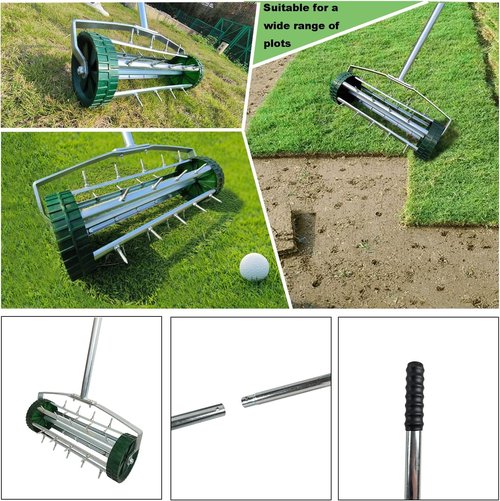 VireoNest 16'' Rolling Lawn Aerator,Heavy Duty Garden Aerator Roller Push Tine Soil Gardening Tool for Grass Maintenance,Soil Care Spike Aerator Roller with 56'' Handle