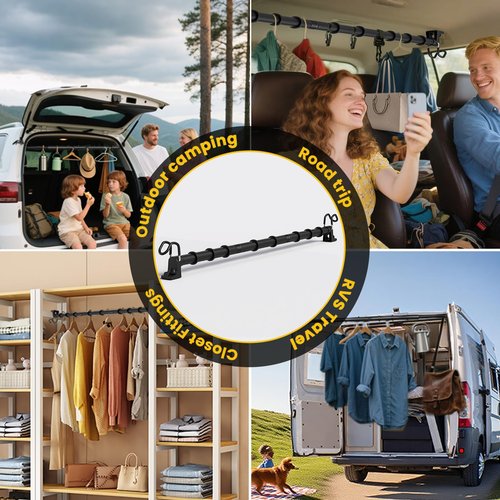 Heavy Duty Car Clothes Hanger Bar 30-64 inches, 4Pcs Accessories & Wrinkle Free Telescopic Clothes Rack with Upgraded Hooks, Adjustable Vehicle Cloth Rack Hanger Rod for Most Cars RVs Suvs Trucks