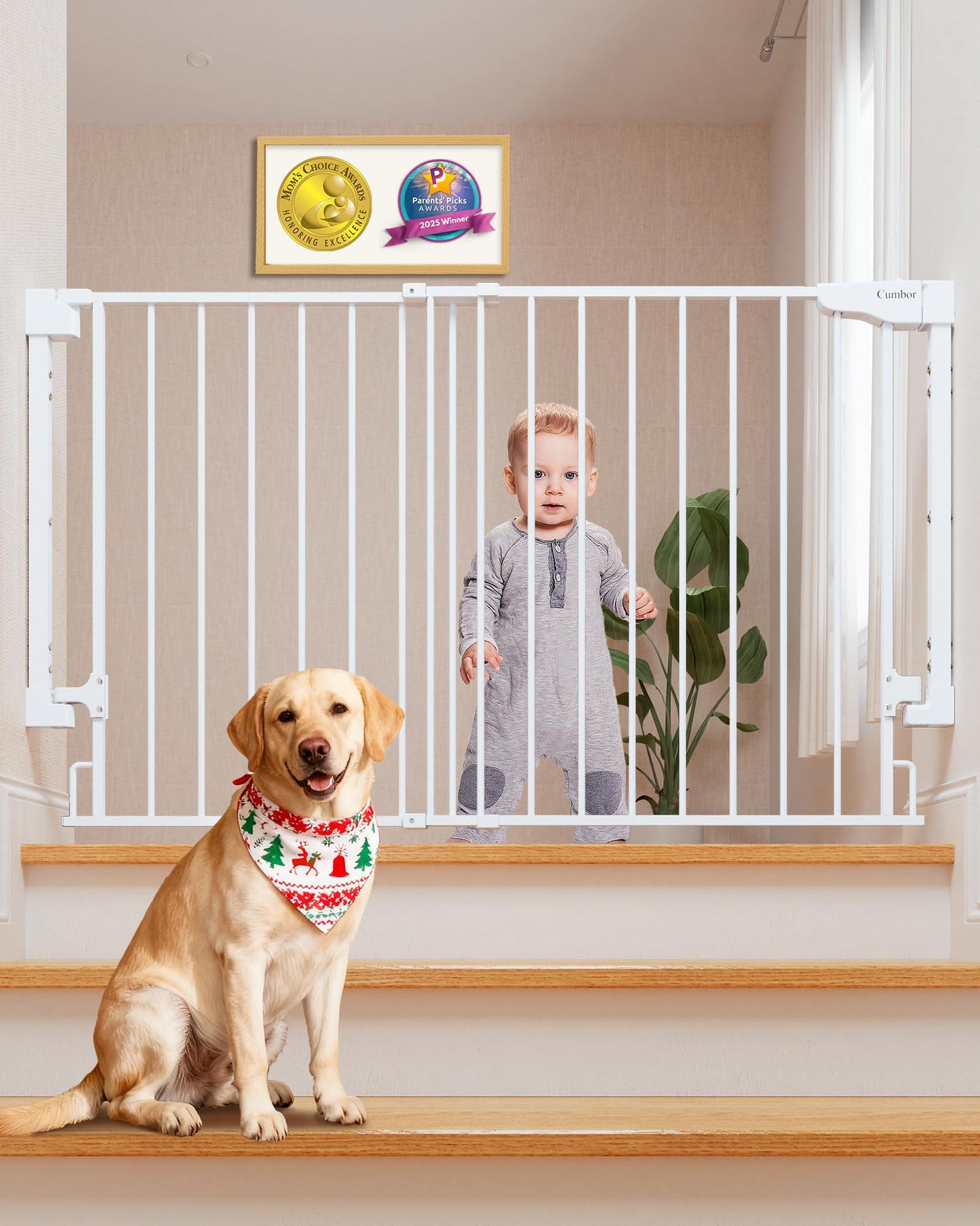 Cumbor Expandable 31.6-48" Baby Gate for Stairs, Hardware Mounted, 2-in-1 No Bottom Bar Dog Gate Indoor, Auto Close Pet Gate for Doorways with Large Walk Thru Door, Child-Proof Gate for Kids (White)