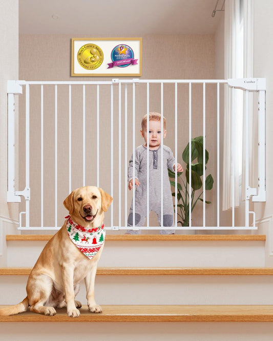 Cumbor Expandable 31.6-48" Baby Gate for Stairs, Hardware Mounted, 2-in-1 No Bottom Bar Dog Gate Indoor, Auto Close Pet Gate for Doorways with Large Walk Thru Door, Child-Proof Gate for Kids (White)