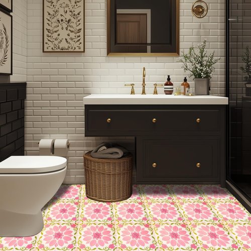 HOMETITUTE 10PCS 12x12 Inch Pink Rose Floral Peel and Stick Floor Tiles Removable Self Adhesive Vinyl Flooring Stickers for Bathroom Bedroom Kids Room Home Decor