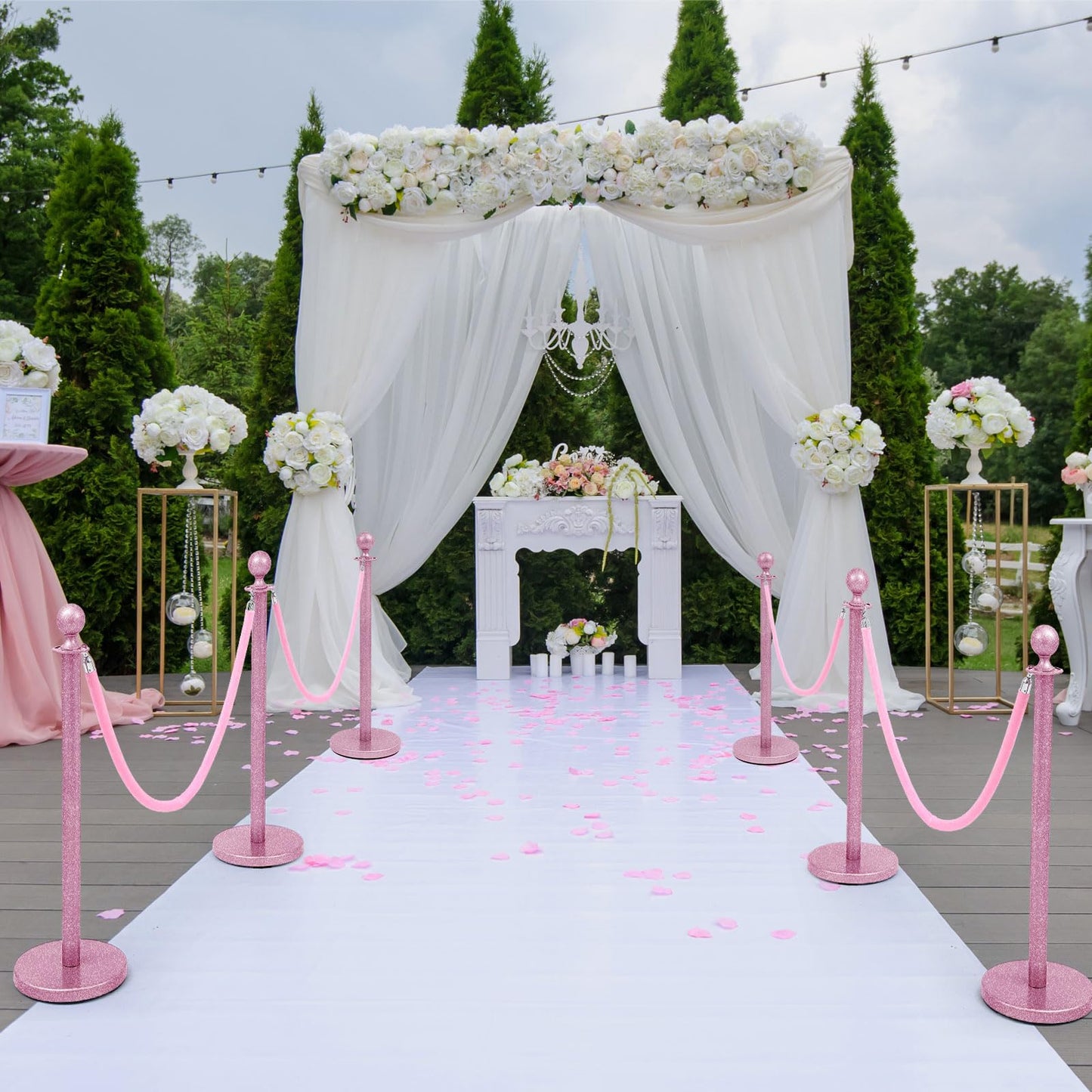 Ferraycle 4 Pcs Stainless Steel Stanchions Post Queue 38 Inch, 5 ft Velvet Carpet Ropes and Pole, Control Barriers for Wedding Birthday Party Decoration Sand Injection Hollow Base Set (Glitter Pink)