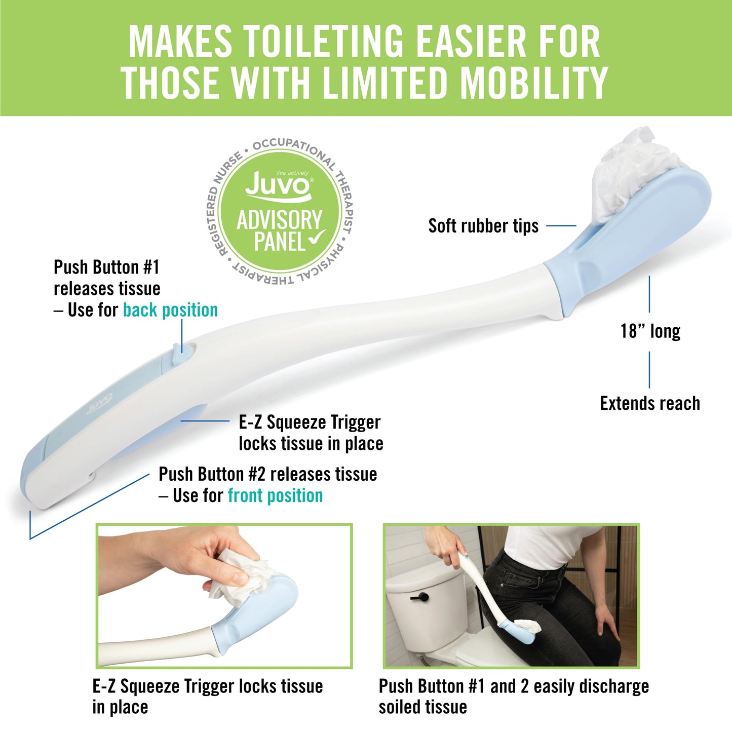 Juvo Toilet Aid - Personal Bottom Wiping Tool, Bathroom Mobility Aid for Disabled, Elderly, and Surgery Recovery - 18" long wand with hygienic cover