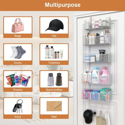 VyGrow Over The Door Organizer, Metal Door Organizer Hanging with 5 Adjustable Baskets and Coat Hook, Behind The Door Storage for Bedroom Closet Bathroom Pantry Cabinet Kitchen, White