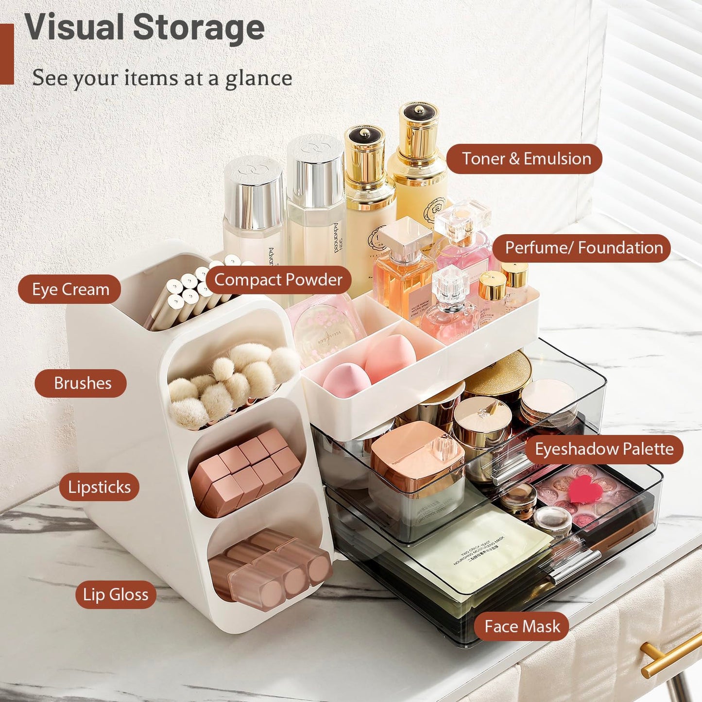 Aveniee Makeup Organizer with Drawers for Vanity, Big Cosmetic Display Case with Makeup Brush Holder, Bathroom Coutertop Organizers and Storage for Skincare Beauty Essentials (White)