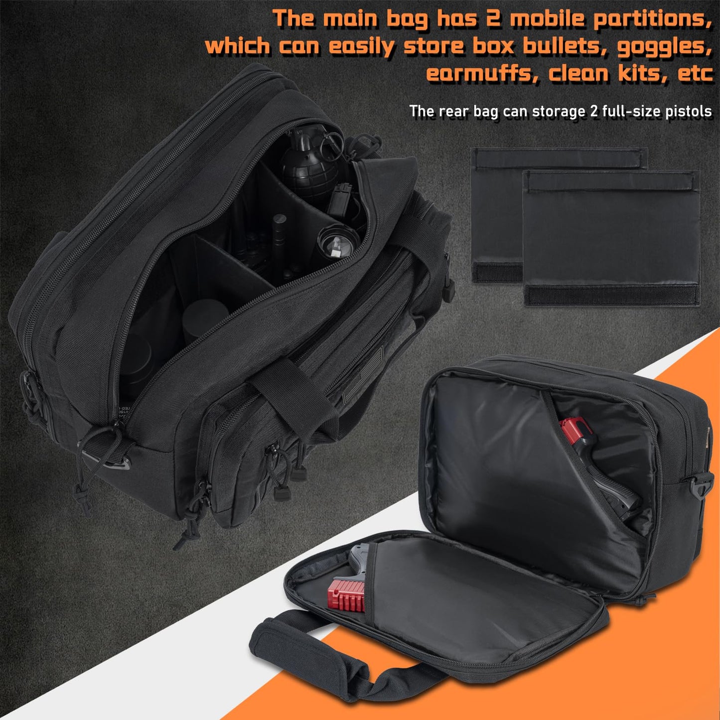 ITHWIU Gun Range Bags For 2 Pistols 6 Magazines, Pistol Case Carrying Shooting Bag with Lockable Zipper for Shooting Range Outdoor Hunting, Black
