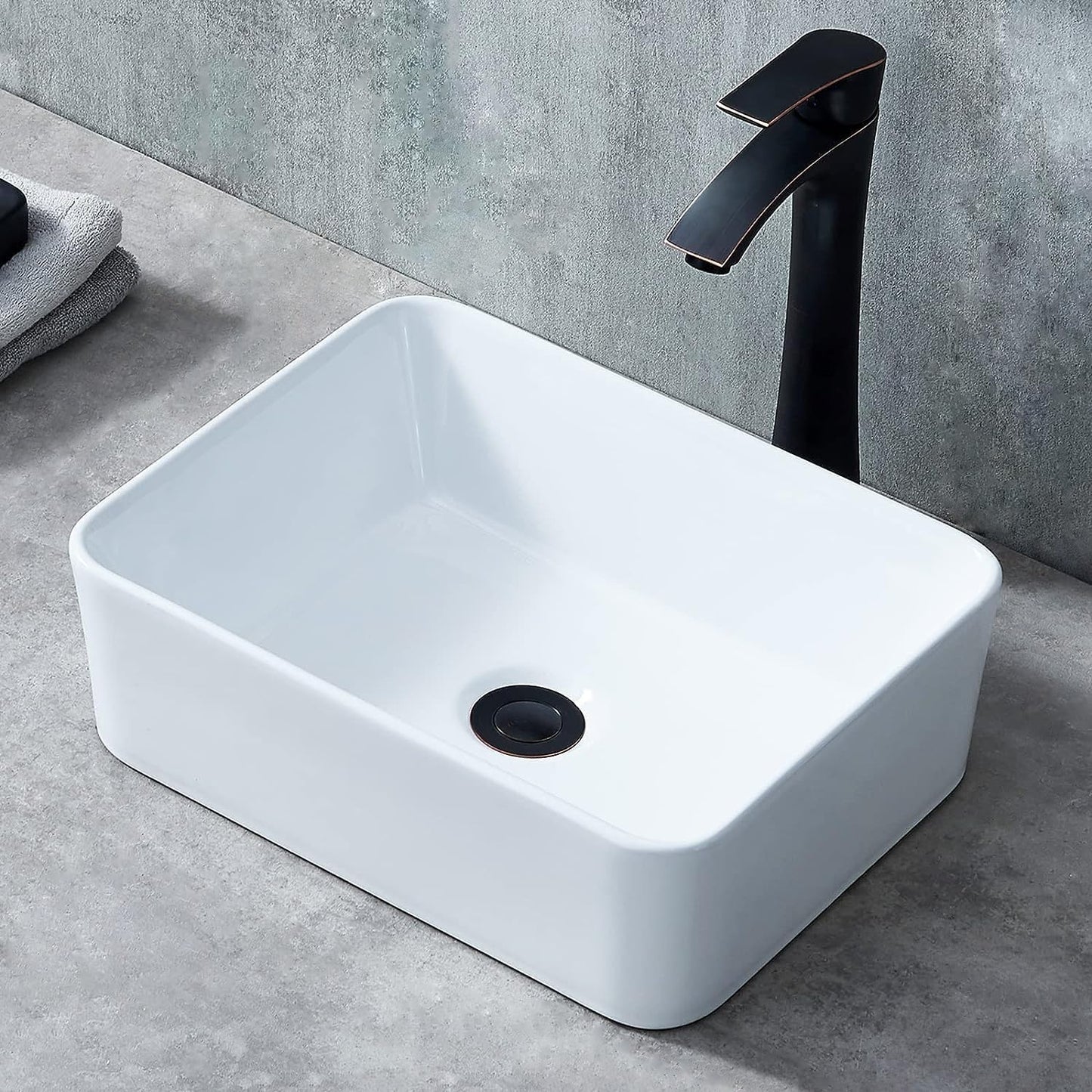Ufaucet Bathroom Vessel Sink Rectangle, 16" X 12" White Bathroom Ceramic Vessel Sink Above Counter, Modern Porcelain Lavatory Small Above Counter Art Basin Vanity Sink, Lavamanos De Baño