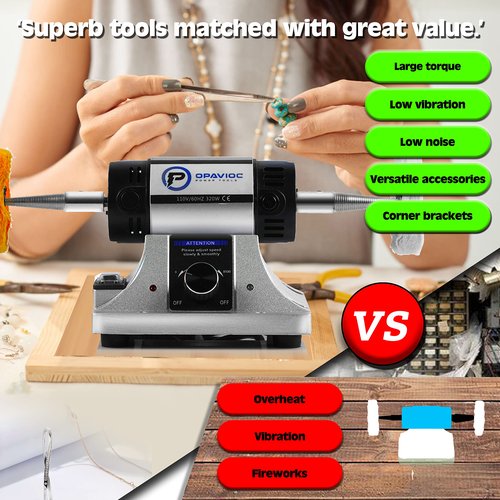 OPAVIOC Jewelry Polisher - Adjustable Variable Speed Bench Grinder Polishing & Buffing Machine, Dental Buffer & Lathe - Includes 6 Cloth Wheels, 2 Abrasive Fiber Wheels, Safety Glass, Polish Compound