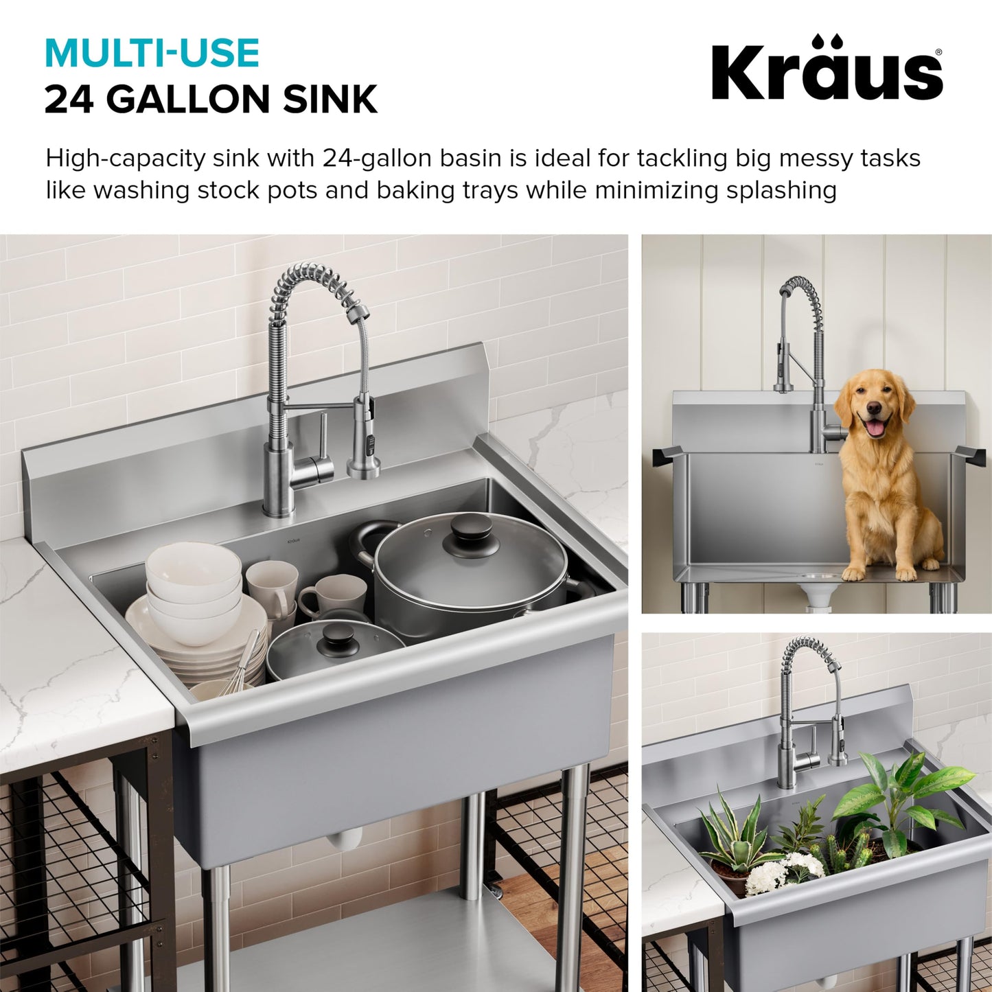 KRAUS Standart Pro 32 Inch 18-Gauge Stainless Steel Scullery Sink, 24 Gallon Freestanding Commercial Style Single Bowl Laundry & Utility Sink, KHS230-32
