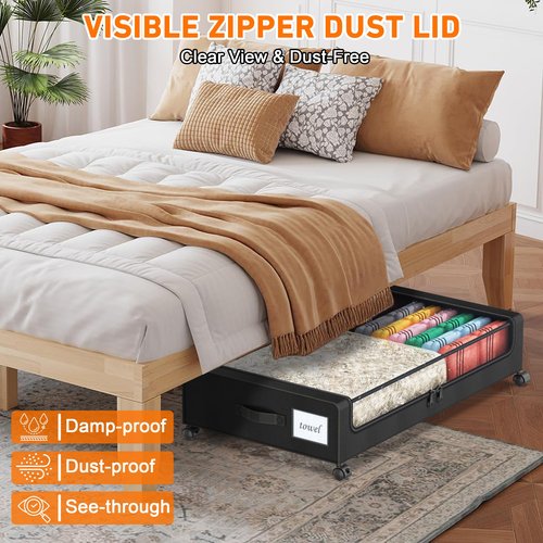 Under Bed Storage with Wheels, 1 Pack Under Bed Storage Containers with Clear Lids,Under the bed storage Organizer Bins, Rolling Under Bed Metal Drawer for Clothes,Shoes,Toys (Dark Black)