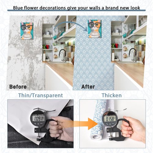 Lativo Blue and White Floral Peel and Stick Wallpaper Modern Boho Contact Paper for Cabinets Drawers Coastal Flower Leaf Self Adhesive Wallpaper Bathroom Bedroom Removable Vinyl Roll 78.7inL 17.3inW