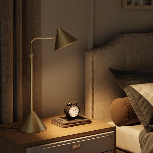 HISEEGO Metal Desk Lamp, 3000k Soft Light Modern Desk Lamp with Dimmer Switch, Adjustable Lighting with Swivel Arm Reading Lamp for Bedside Table, Office Desk, Task Light, Living Room(Gold)