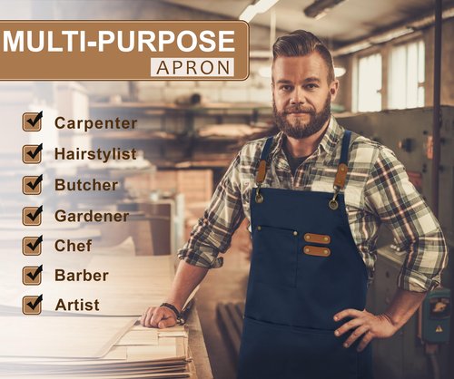 RUVANTI Work Aprons for Men, Oil & Water Repellent, PolyCotton Cross Back Aprons for Women with Pockets, Adjustable up to XXL, Chef Aprons for Cooking, Grilling, Welding, Woodworking - Blue Aprons