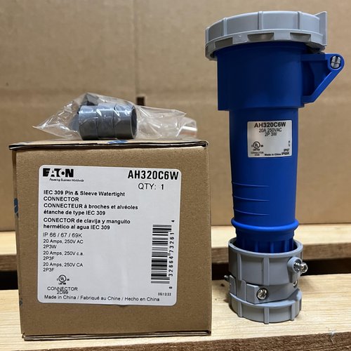 (case of 4) Eaton AH320C6W Pin&Sleeve Connector, 20A, 250V, 2 Pole 3 Wire, grounding, Blue, Extra Heavy-Duty, IP69K, AH320C6W