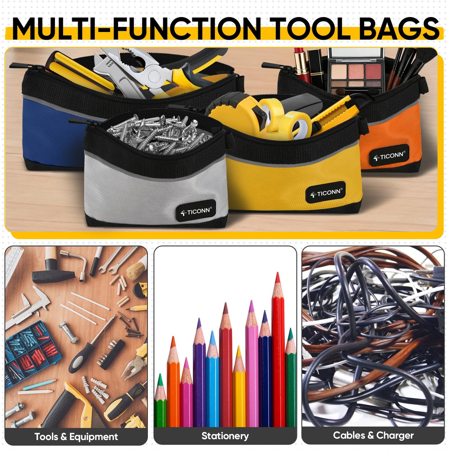 TICONN Tool Pouches with Zipper, 1680D Oxford Small Tool Bags, Waterproof Utility Bag Zipper Pouch for Tool Organizers and Storage (3 Pack Combo)