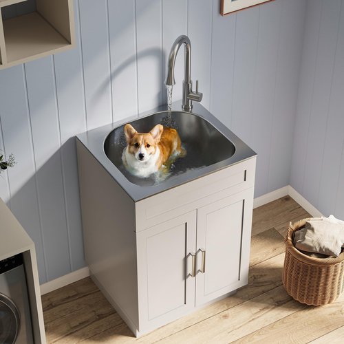 ANCTOR 24 Inch Laundry Sink with Cabinet, Stainless Steel Utility Sink Cabinet with Pull-Out Hot/Cold Faucet Metal Hooks Freestanding Deep Utility Sink for Laundry Utility Room Kitchen Garage