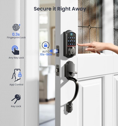 Veise VE017-H Fingerprint Smart Front Door Lock Set, App Control, Keyless Entry Deadbolt with Handle, Smart Deadbolt, Emergency Power Port, Touchscreen Keypad, Auto Lock, Easy Install, Matte Black