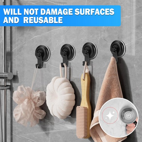 TACGEA Suction Cup Hooks for Shower, Powerful Vacuum Shower Hook for Towel, Robe, Loofah - Reuseable and Removeable Bathroom Hook, Black, 6 Pack