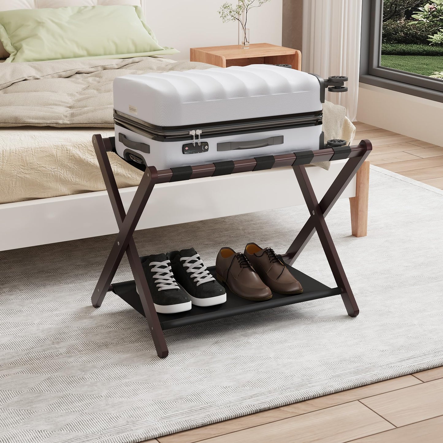 Smuxee Brown Bamboo Luggage Rack for Guest Room, Foldable Suitcase Stand with Storage Shelf, Easily Assembled Luggage Stand with 5 Nylon Straps for Guest Room Bedroom Hotel