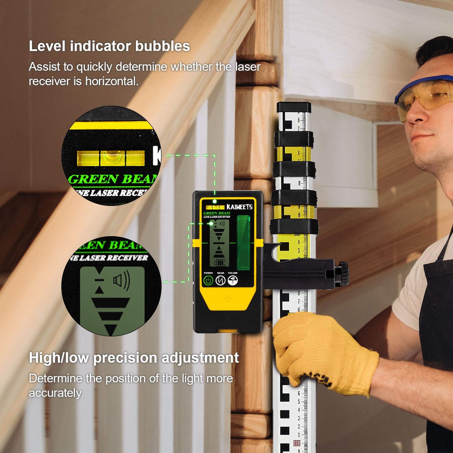 KAIWEETS Laser Detector Double-sided Receiver LR100G, Working Range Up to 196ft, Adjustable Beeper, with Rod Clamp for KT360A/KT360B