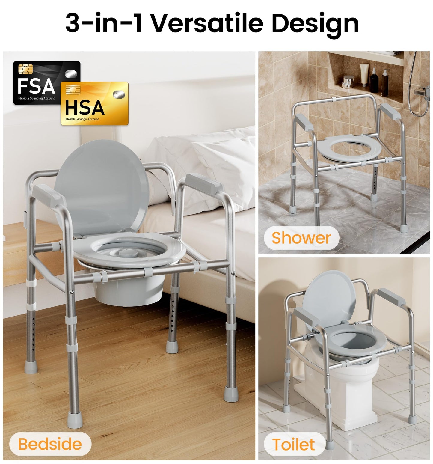 soundfuse 3 in 1 Bedside Commode Toilet for Seniors, Sturdy Dual-Crossbar