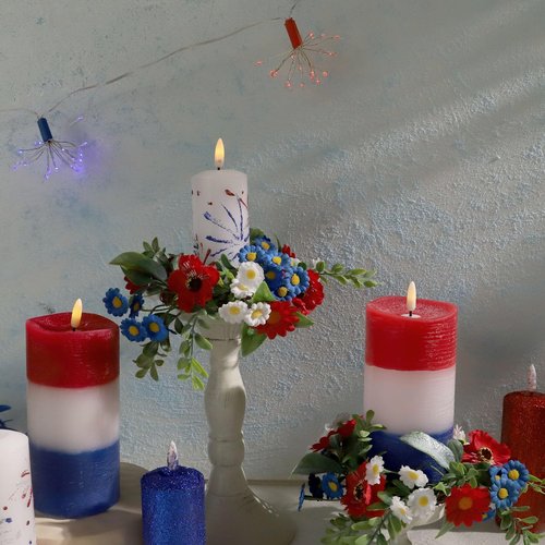Red White Blue Patriotic Pillar Candles with Remote, 4th of July Flameless Pillar Candles (3"×6") Real Wax, Unscented Flickering LED Candles for Home Patriotic Holiday Decor