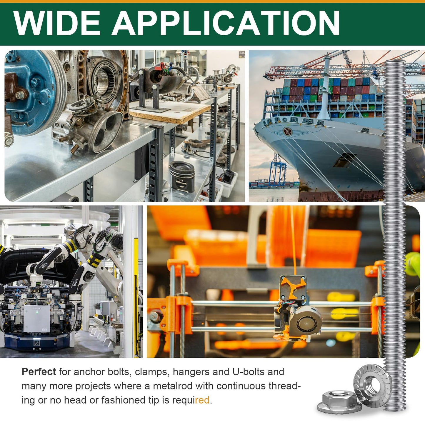 M6-1.0x250mm Fully Threaded Rod Studs, 304 Stainless Steel Long Threaded Screw Right Hand Threads, 4 Pack