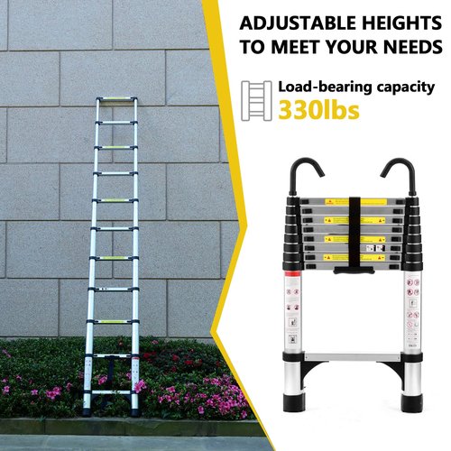 8.5FT Collapsible Ladder, Aluminum Extension Ladder with Fixed Lock & Safety Hook, 330lbs Capacity, Portable Telescopic Ladder with Handle, Telescoping Ladders for Home Roof Rv Attic (8.5FT)