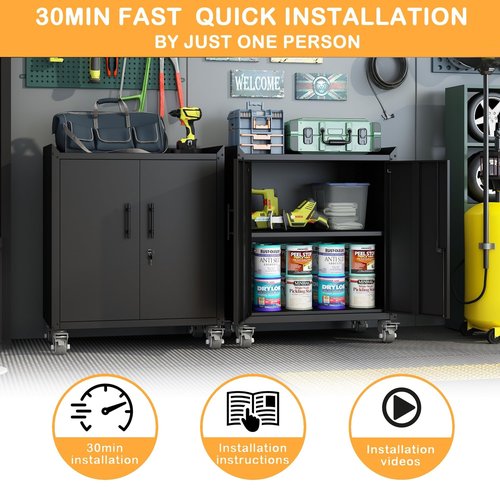 Hymnxemo Heavy Duty Metal Garage Storage Cabinet with Lockable Doors & Wheels - 36-Inch Adjustable Shelf Tool Organizer for Warehouse, Basement - Black Utility Locker Cabinet