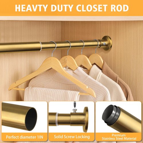 Closet Rods For Hanging Clothes, 17-28 Inch Adjustable Closet Rod, Stainless Steel Heavy Duty Closet Hanging Rod-Gold