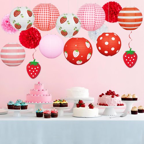 15Pcs Strawberry Paper Lanterns Decor Hanging Decorations for Berry first Birthday Party Supplies