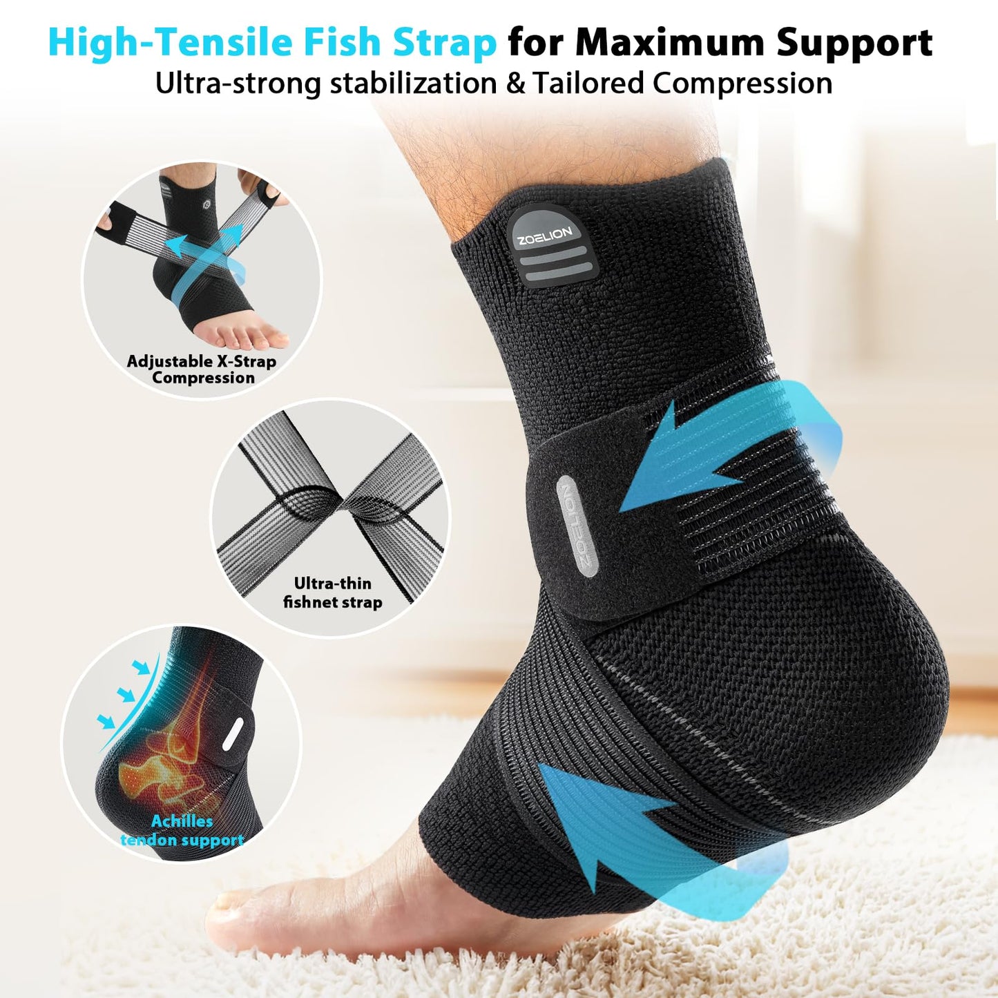 ZOELION Ankle Brace Compression Support with Removable Fishnet Strap, 3D Knit Plantar Fasciitis Relief Achilles Tendonitis Brace, Ankle Compression Sleeve for Pain Relief & Injury Healing, Black/XXL