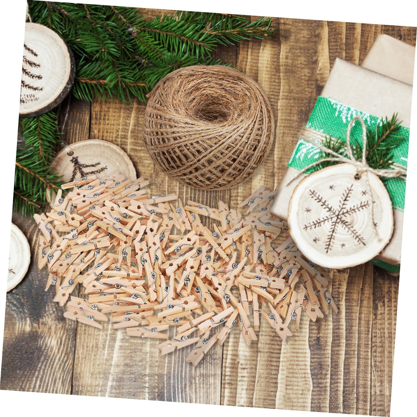 Garneck 1Roll Natural Jute Rope with Wooden Clips Hemp Twine for DIY Crafts Wrapping and Garden Decorations